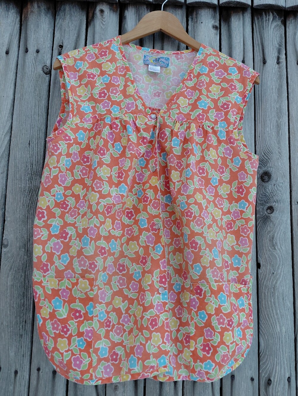 Vintage Moon Dance pearl snap orange flower print smock overshirt apron Womens L